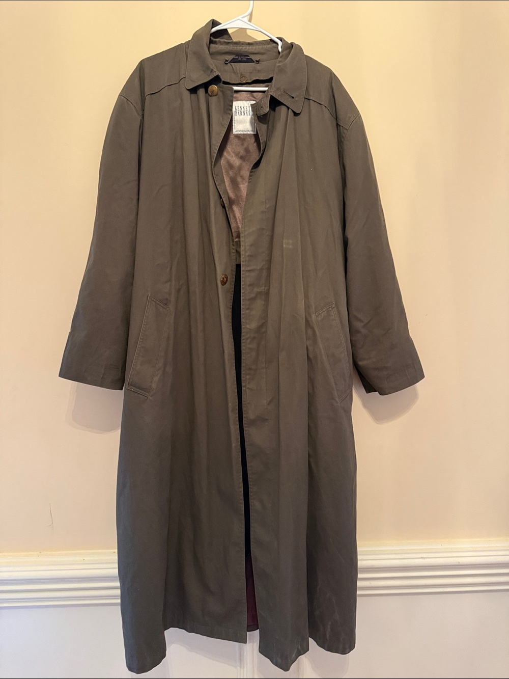 Vintage Kenneth Barnard Men's‎ Olive Green & Brown Long Trench Coat Size 42 Long